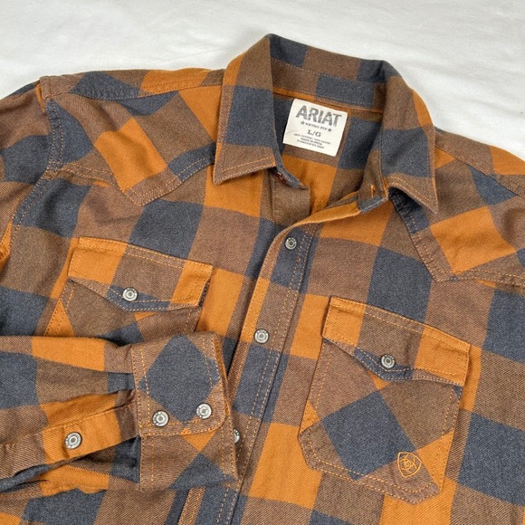 Ariat Retro‎ Fit Flannel Brown Blue Western Shirt Plaid LS Snap Front Mens Large - Picture 1 of 8